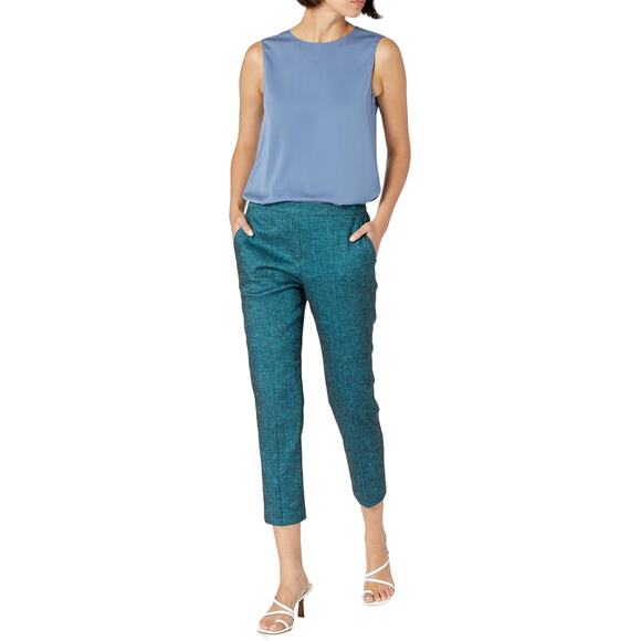 Theory NEW Treeca Pull On Cropped Ankle Pant Linen Blend Teal Fiji Melange 10 - Picture 1 of 12